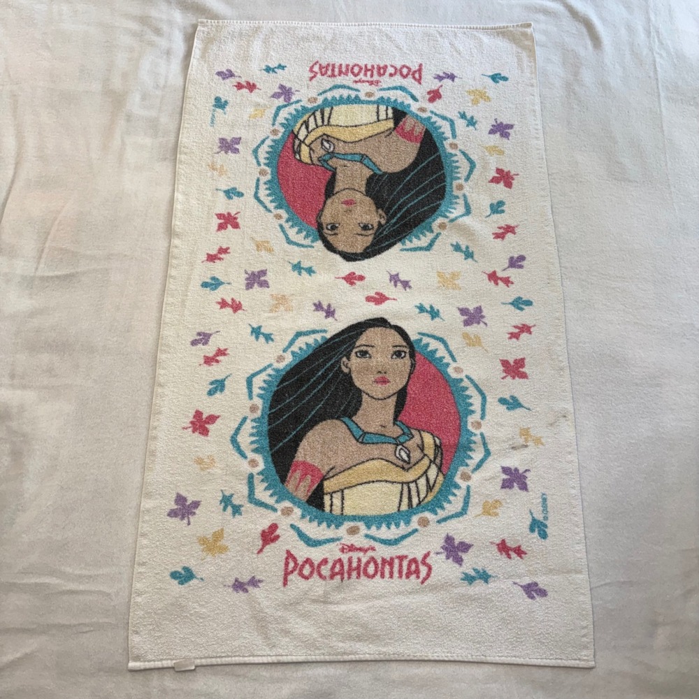 Disney 90s Pocahontas Beach Towel Cotton Made in USA 90s Character White vintage
